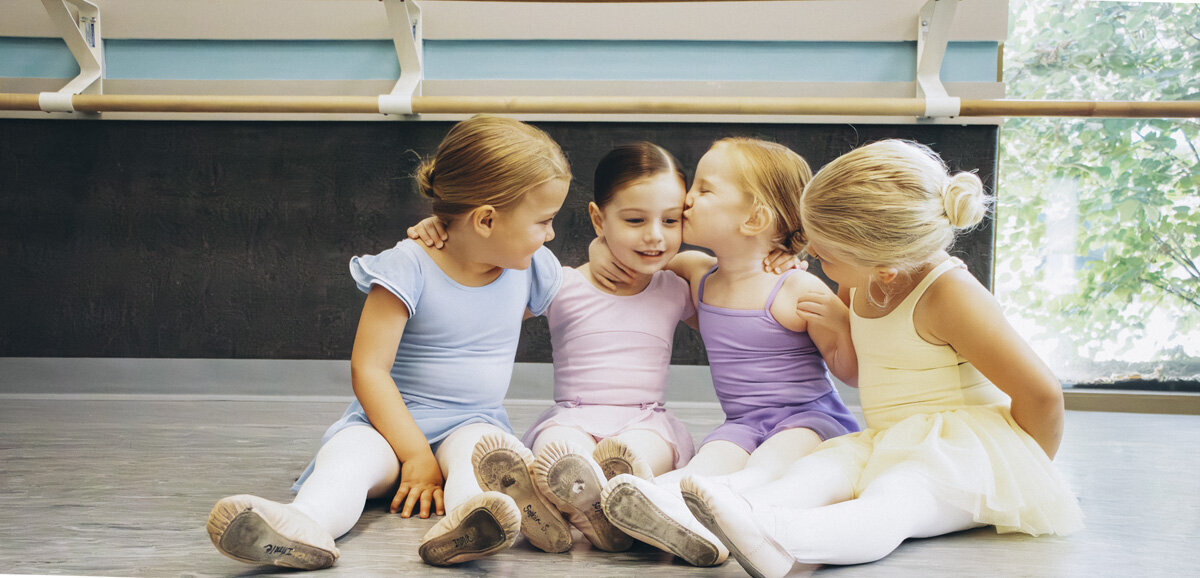 Young Snowflake Spectacular dancers sitting together during a winter camp moment at Miller Street Dance Academy